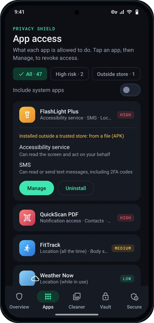 Guardian's App access screen listing apps by risk