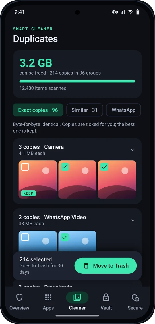Guardian's Duplicates screen showing 3.2 GB that can be freed