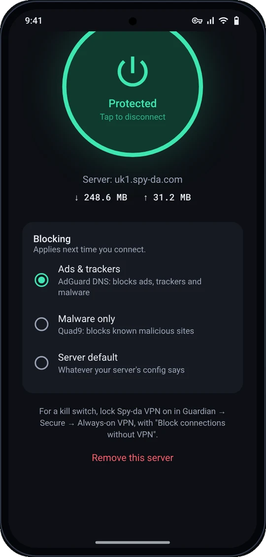 Spy-da VPN blocking options: ads and trackers, malware only, or server default