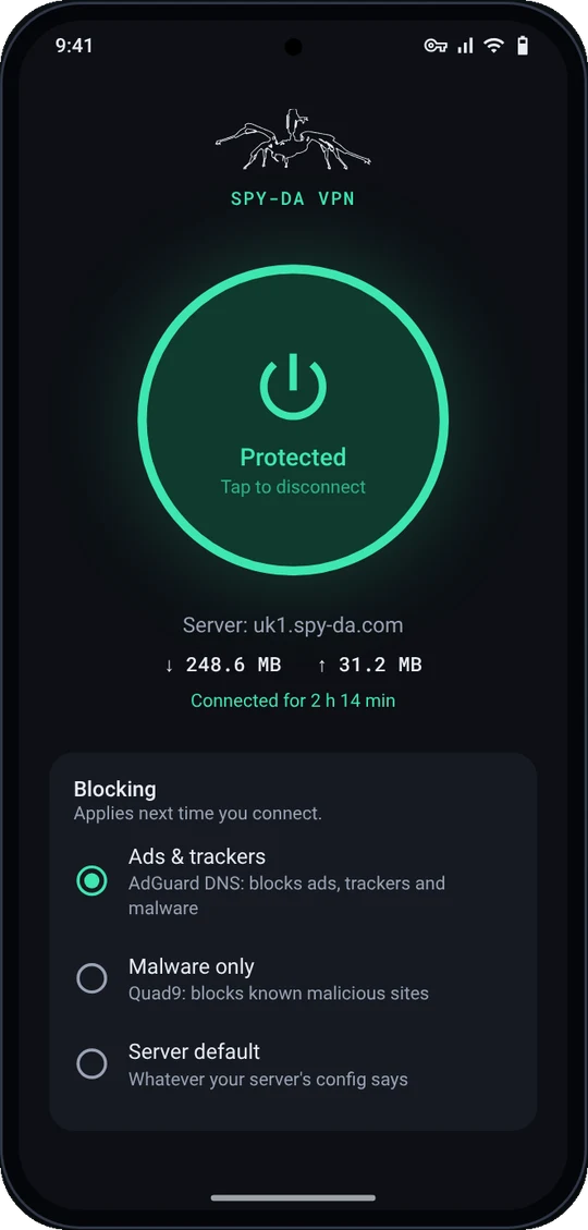 Spy-da VPN connected screen with a glowing power button